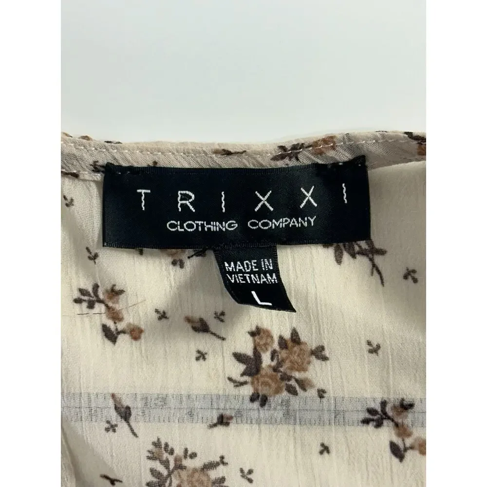 Trixxi Boho Floral Ruffle Mini Dress Beige Sheer Puff Sleeve Women’s Large - Picture 7 of 13